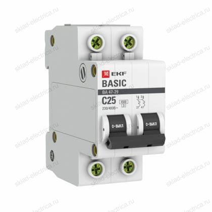Автоматический выключатель 2P 25А (C) 4,5кА ВА 47-29 EKF Basic