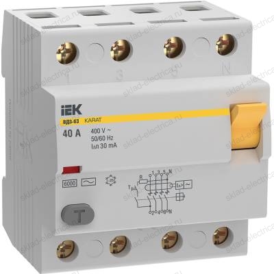 Выключатель дифференциальный (УЗО) KARAT ВД3-63 4P 40А 30мА 6кА тип AC IEK