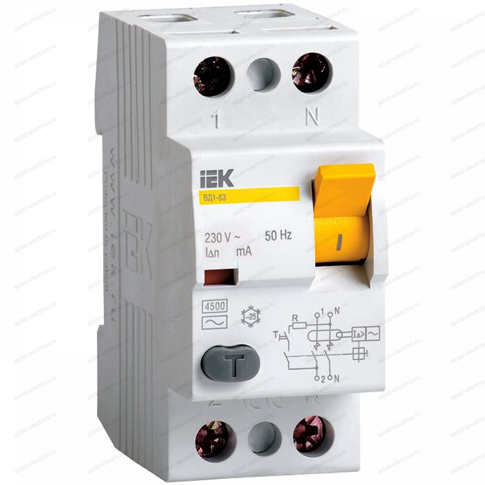 Выключатель дифференциальный двухполюсный (УЗО) IEK ВД1-63 63А AC30 (п)