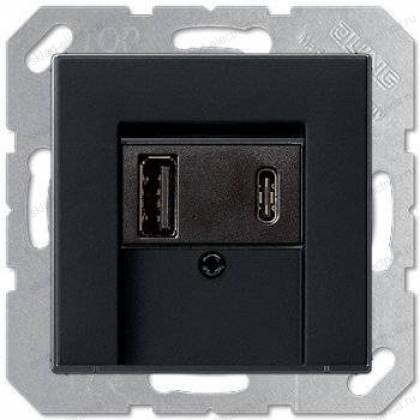USB розетка для зарядки мобильных устройств тип А и USB тип С макс,3000 мА, матовый черный Jung-A