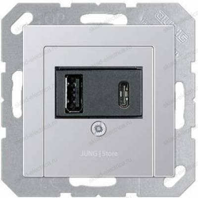 USB розетка для зарядки мобильных устройств тип А и USB тип С макс,3000 мА, алюминий Jung-А