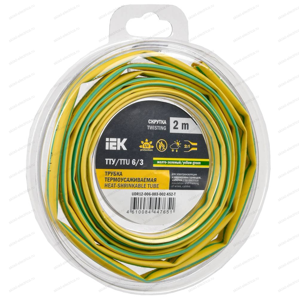 Трубка термоусадочная ТТУ нг-LS 6/3 желто-зеленая (2м/упак) IEK