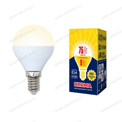 LED-G45-9W/WW/E14/FR/NR Лампа светодиодная. Форма "шар", матовая. Серия Norma. Теплый белый свет (3000K). Картон. ТМ Volpe
