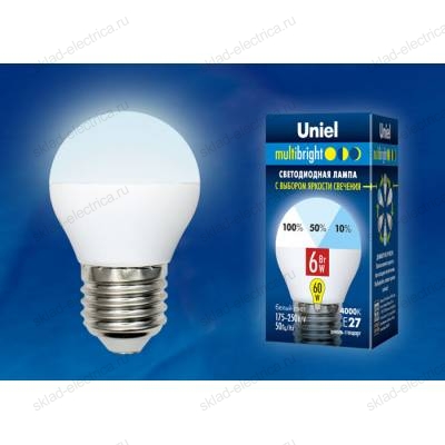 LED-G45-6W/NW/E27/FR/MB PLM11WH Лампа светодиодная. Форма «шар», матовая. Серия Multibright. Белый свет (4000K). 100-50-10. Картон. ТМ Uniel.