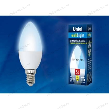 LED-C37-6W/NW/E14/FR/MB PLM11WH Лампа светодиодная. Форма «свеча», матовая. Серия Multibright. Белый свет (4000K). 100-50-10. Картон. ТМ Uniel.