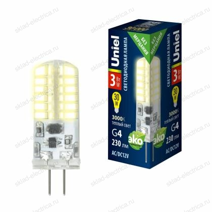 LED-JC-12/3W/3000K/G4/CL SIZ05TR Лампа светодиодная с силиконовым покрытием. Теплый белый свет (3000К). Картон. ТМ Uniel