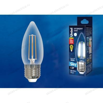 LED-C35-11W/4000K/E27/CL PLS02WH Лампа светодиодная. Форма "свеча", прозрачная. Серия Sky. Белый свет (4000К). Картон. ТМ Uniel.