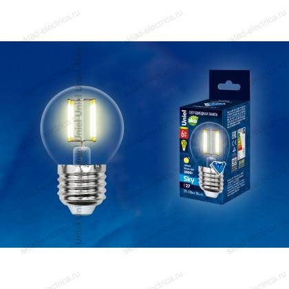 LED-G45-6W/WW/E27/CL PLS02WH Лампа светодиодная. Форма "шар", прозрачная. Серия Sky. Теплый белый свет. Картон. ТМ Uniel.
