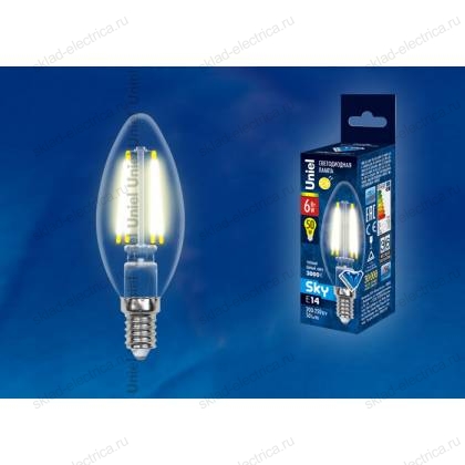 LED-C35-6W/WW/E14/CL PLS02WH Лампа светодиодная. Форма "свеча", прозрачная колба. Материал корпуса пластик. Цвет свечения теплый белый. Серия Sky. Упаковка картон. ТМ Uniel