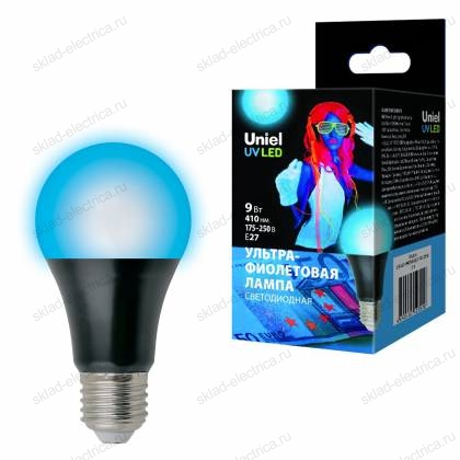 LED-A60-9W/UVAD/E27/FR PLZ07BK Лампа светодиодная ультрафиолетовая для дискотек . Спектр UVA 410нм. Картон. ТМ Uniel