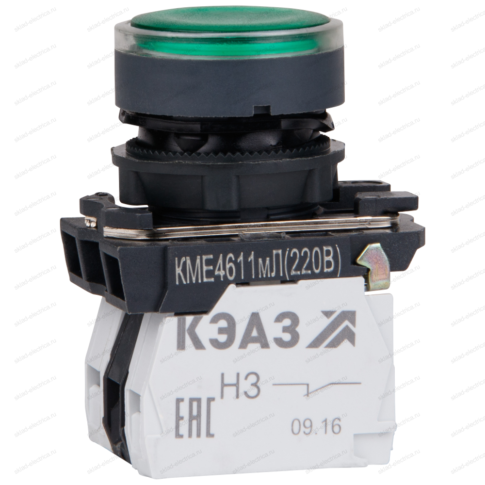 Кнопка КМЕ4111мЛС-24В-зеленый-1но+1нз-цилиндр-индикатор-IP40-КЭАЗ
