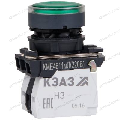 Кнопка КМЕ4511мЛС-24В-зеленый-1но+1нз-цилиндр-индикатор-IP54-КЭАЗ