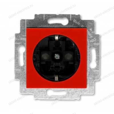 Розетка 1-ая электрическая, с заземлением и защитными шторками (безвинтовой зажим), цвет Красный/Дымчатый черный, Levit