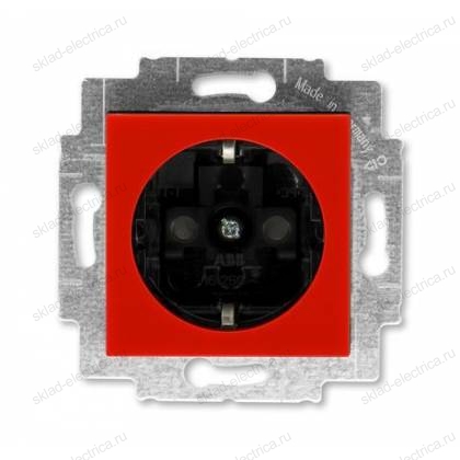 Розетка 1-ая электрическая, с заземлением и защитными шторками (безвинтовой зажим), цвет Красный/Дымчатый черный, Levit