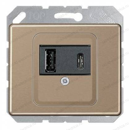 USB розетка для зарядки мобильных устройств тип А и USB тип С макс,3000 мА, Золотая Бронза (металл)