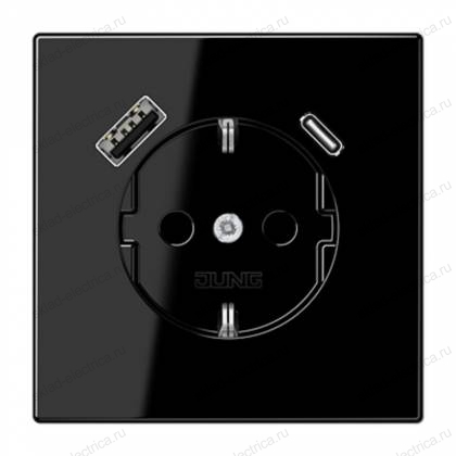 Розетка 2К+З 16А 250В~, с разъемом USB Typ AC, цвет Черный