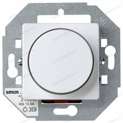 Светорегулятор проходной поворотно-нажимной 40-500Вт широкий модуль Simon 27, белый