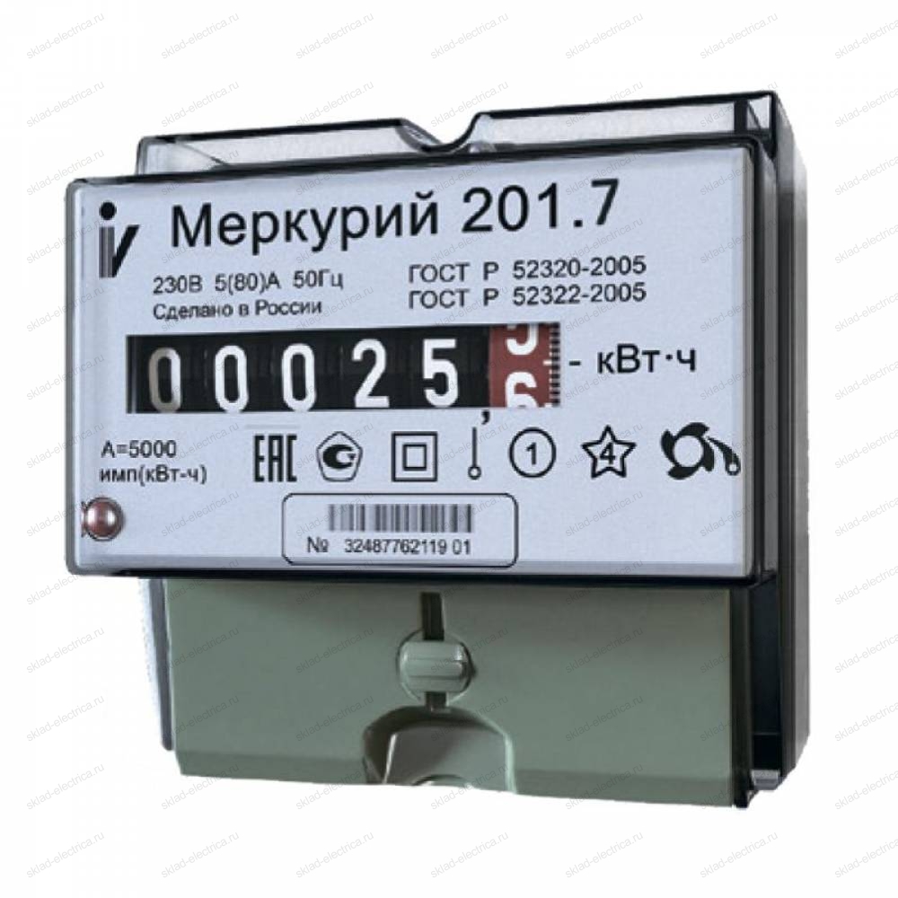 Счетчик электроэнергии Меркурий 201.7 5(60)А однофазный однотарифный на DIN-рейку (п)