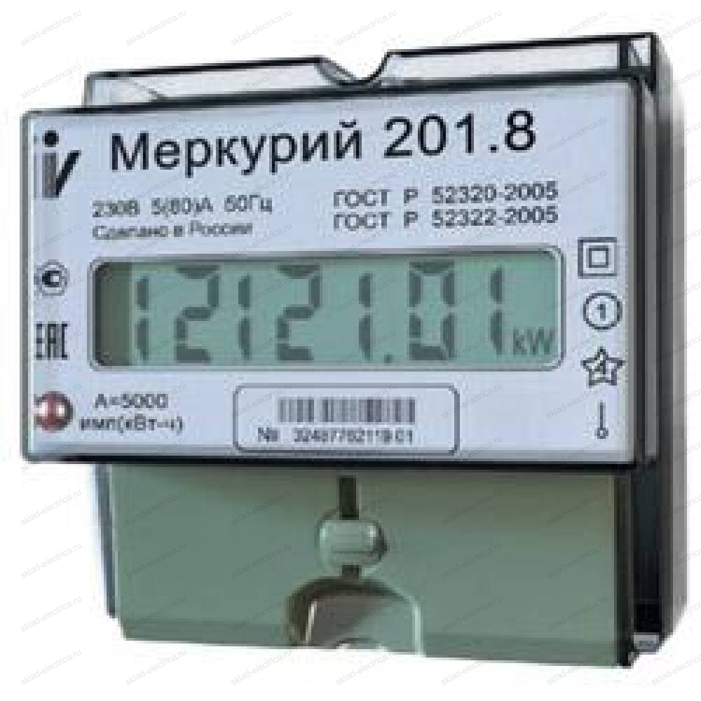 Счетчик электроэнергии Меркурий 201.8 10(80)А однофазный однотарифный ЖК на DIN-рейку (п)