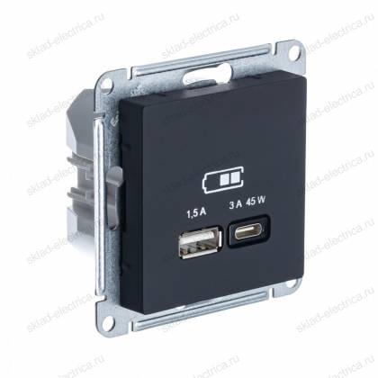 USB Розетка A + тип-C 45Вт высокоскор.заряд. QC, PD, мех., КАРБОН ATLASDESIGN