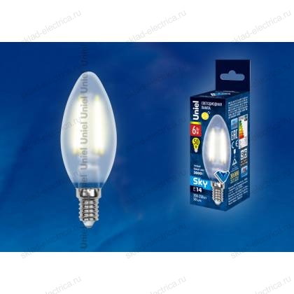 LED-C35-6W/WW/E14/FR PLS02WH Лампа светодиодная. Форма "свеча", матовая. Серия Sky. Теплый белый свет. Картон. ТМ Uniel.
