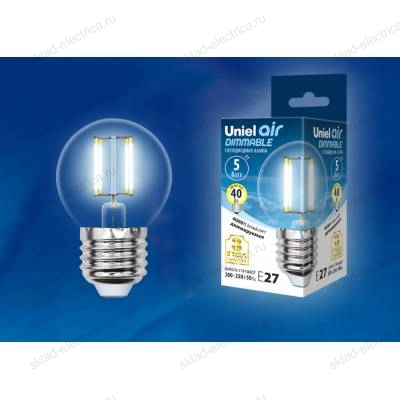 LED-G45-5W/NW/E27/CL/DIM GLA01TR Лампа светодиодная диммируемая. Форма "шар", прозрачная. Серия Air. Белый свет (4000K). Картон. ТМ Uniel