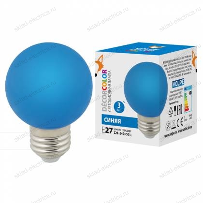 LED-G60-3W/BLUE/E27/FR/С Лампа декоративная светодиодная. Форма "шар", матовая. Цвет синий. Картон. ТМ Volpe.