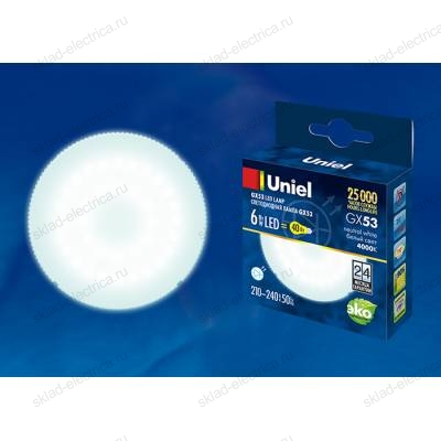 LED-GX53-6W/NW/GX53/FR PLZ01WH Лампа светодиодная, матовая. Белый свет. Картон. ТМ Uniel.