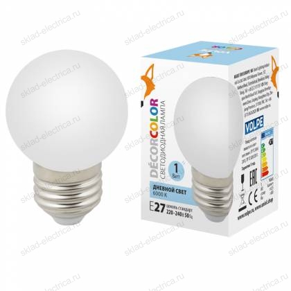LED-G45-1W/6000K/E27/FR/С Лампа декоративная светодиодная. Форма "шар", матовая. Дневной свет (6000K). Картон. ТМ Volpe.