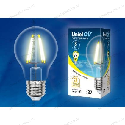 LED-A60-8W/WW/E27/CL GLA01TR Лампа светодиодная. Форма "A", прозрачная. Серия Air. Теплый белый свет (3000K). Картон. ТМ Uniel