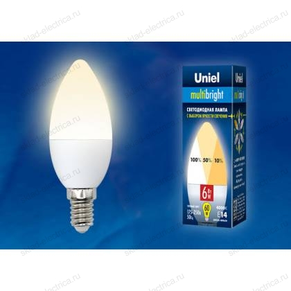 LED-C37-6W/WW/E14/FR/MB PLM11WH Лампа светодиодная. Форма «свеча», матовая. Серия Multibright. Теплый белый свет (3000K). 100-50-10. Картон. ТМ Uniel.