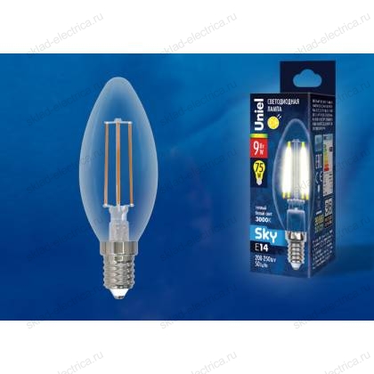 LED-C35-9W/3000K/E14/CL PLS02WH Лампа светодиодная. Форма "свеча", прозрачная. Серия Sky. Теплый белый свет (3000К). Картон. ТМ Uniel.