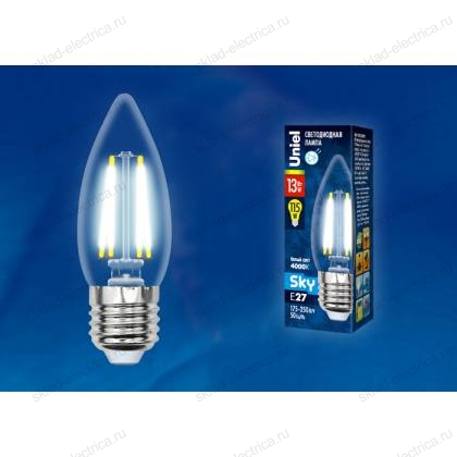 LED-C35-13W/4000K/E27/CL PLS02WH Лампа светодиодная. Форма "свеча", прозрачная. Серия Sky. Белый свет (4000К). Картон. ТМ Uniel.