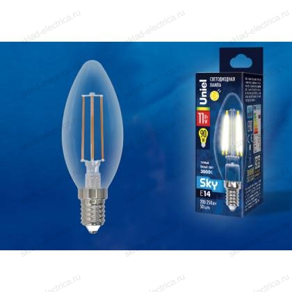 LED-C35-11W/3000K/E14/CL PLS02WH Лампа светодиодная. Форма "свеча", прозрачная. Серия Sky. Теплый белый свет (3000К). Картон. ТМ Uniel.