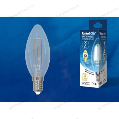 LED-C35-9W/4000K/E14/CL/DIM GLA01TR Лампа светодиодная диммируемая. Форма "свеча", прозрачная. Серия Air. Белый свет (4000K). Картон. ТМ Uniel.