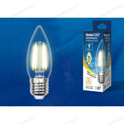 LED-C35-9W/3000K/E27/CL/DIM GLA01TR Лампа светодиодная диммируемая. Форма "свеча", прозрачная. Серия Air. Теплый белый свет (3000K). Картон. ТМ Uniel.