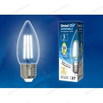 LED-C35-5W/NW/E27/CL/DIM GLA01TR Лампа светодиодная диммируемая. Форма "свеча", прозрачная. Серия Air. Белый свет (4000K). Картон. ТМ Uniel