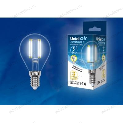 LED-G45-5W/NW/E14/CL/DIM GLA01TR Лампа светодиодная диммируемая. Форма "шар", прозрачная. Серия Air. Белый свет (4000K). Картон. ТМ Uniel