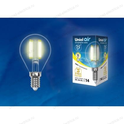 LED-G45-7,5W/WW/E14/CL GLA01TR Лампа светодиодная. Форма "шар", прозрачная. Серия Air. Теплый белый свет (3000K). Картон. ТМ Uniel