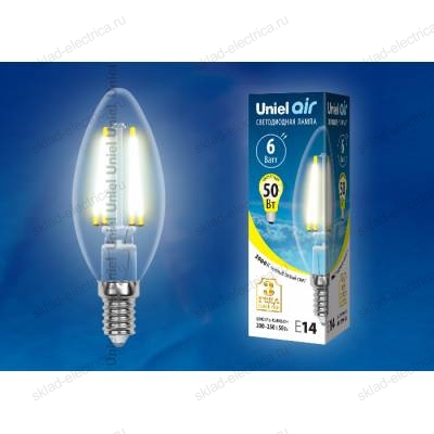 LED-C35-6W/WW/E14/CL GLA01TR Лампа светодиодная. Форма "свеча", прозрачная. Серия Air. Теплый белый свет (3000K). Картон. ТМ Uniel