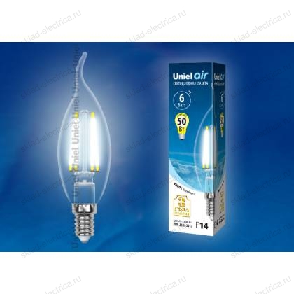 LED-CW35-6W/NW/E14/CL GLA01TR Лампа светодиодная. Форма "свеча на ветру", прозрачная. Серия Air. Белый свет (4000K). Картон. ТМ Uniel