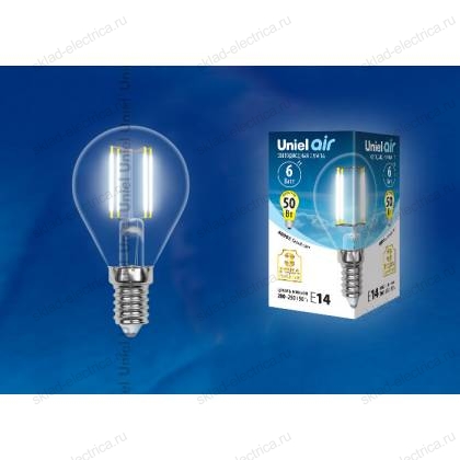 LED-G45-6W/NW/E14/CL GLA01TR Лампа светодиодная. Форма "шар", прозрачная. Серия Air. Белый свет (4000K). Картон. ТМ Uniel