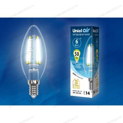 LED-C35-6W/NW/E14/CL GLA01TR Лампа светодиодная. Форма "свеча", прозрачная. Серия Air. Белый свет (4000K). Картон. ТМ Uniel