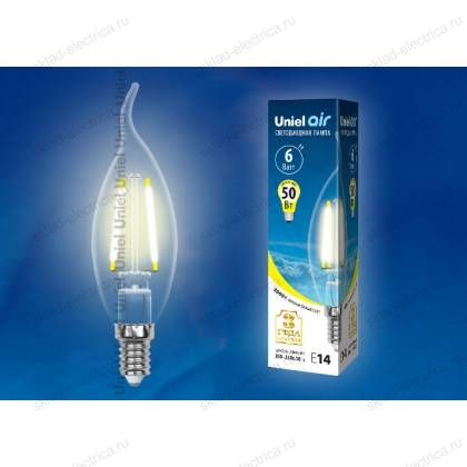 LED-CW35-6W/WW/E14/CL GLA01TR Лампа светодиодная. Форма "свеча на ветру", прозрачная. Серия Air. Теплый белый свет (3000K). Картон. ТМ Uniel
