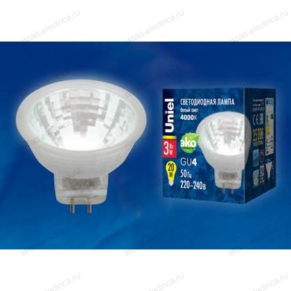 LED-MR11-3W/NW/GU4/220V GLZ21TR Лампа светодиодная, 220V. Прозрачная. Белый свет (4000K). Картон. ТМ Uniel.