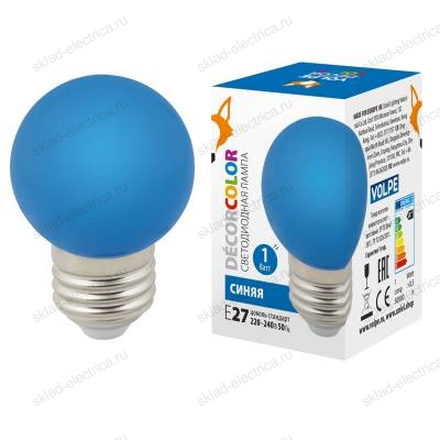 LED-G45-1W/BLUE/E27/FR/С Лампа декоративная светодиодная. Форма "шар", матовая. Цвет синий. Картон. ТМ Volpe.