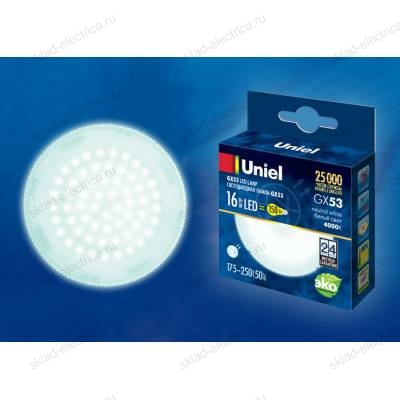 LED-GX53-16W/NW/GX53/FR PLZ01WH Лампа светодиодная, матовая. Белый свет (4000K). Картон. ТМ Uniel