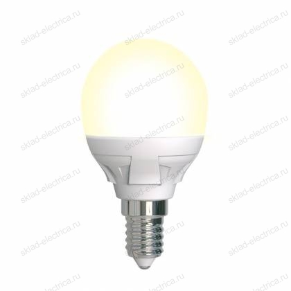 LED-G45 7W/3000K/E14/FR/DIM PLP01WH Лампа светодиодная, диммируемая. Форма «шар», матовая. Серия Яркая. Теплый белый свет (3000K). Картон. ТМ Uniel.