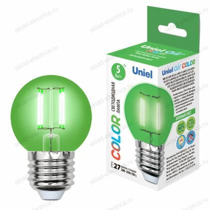 LED-G45-5W/GREEN/E27 GLA02GR Лампа светодиодная. Форма "шар". Серия Air color. Зеленый свет. Картон. ТМ Uniel