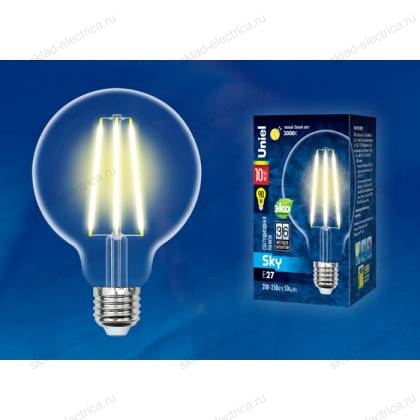LED-G95-10W/3000K/E27/CL PLS02WH Лампа светодиодная. Форма "шар", прозрачная. Серия Sky. Теплый белый свет (3000K). Картон. ТМ Uniel.